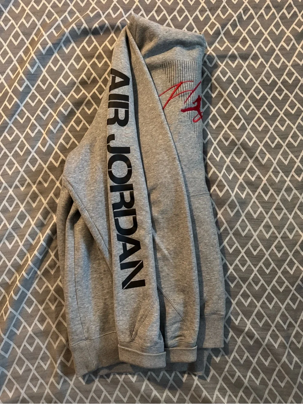 Jordan Gray Hoodie with Red Jumpman and Black Stripe Graphic